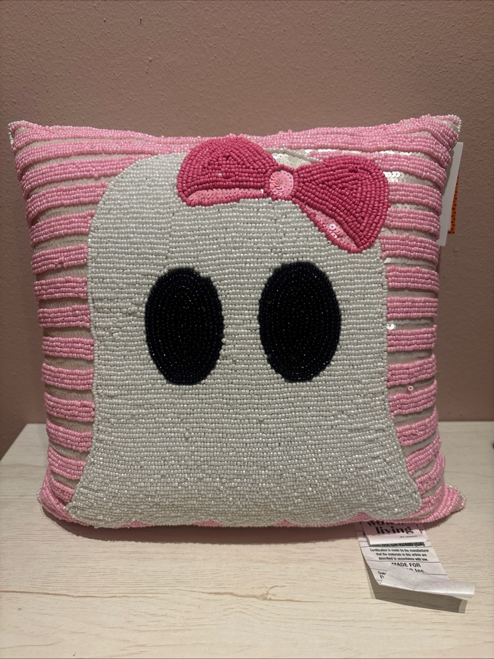 Beaded Ghost With Bow Cutesy Halloween Decorative Pillow NEW